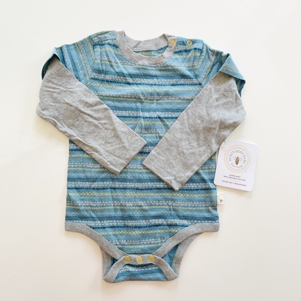 Burt’s Bees Geometric Stripe Long Sleeve Bodysuit - 18m - Picture 2 of 3